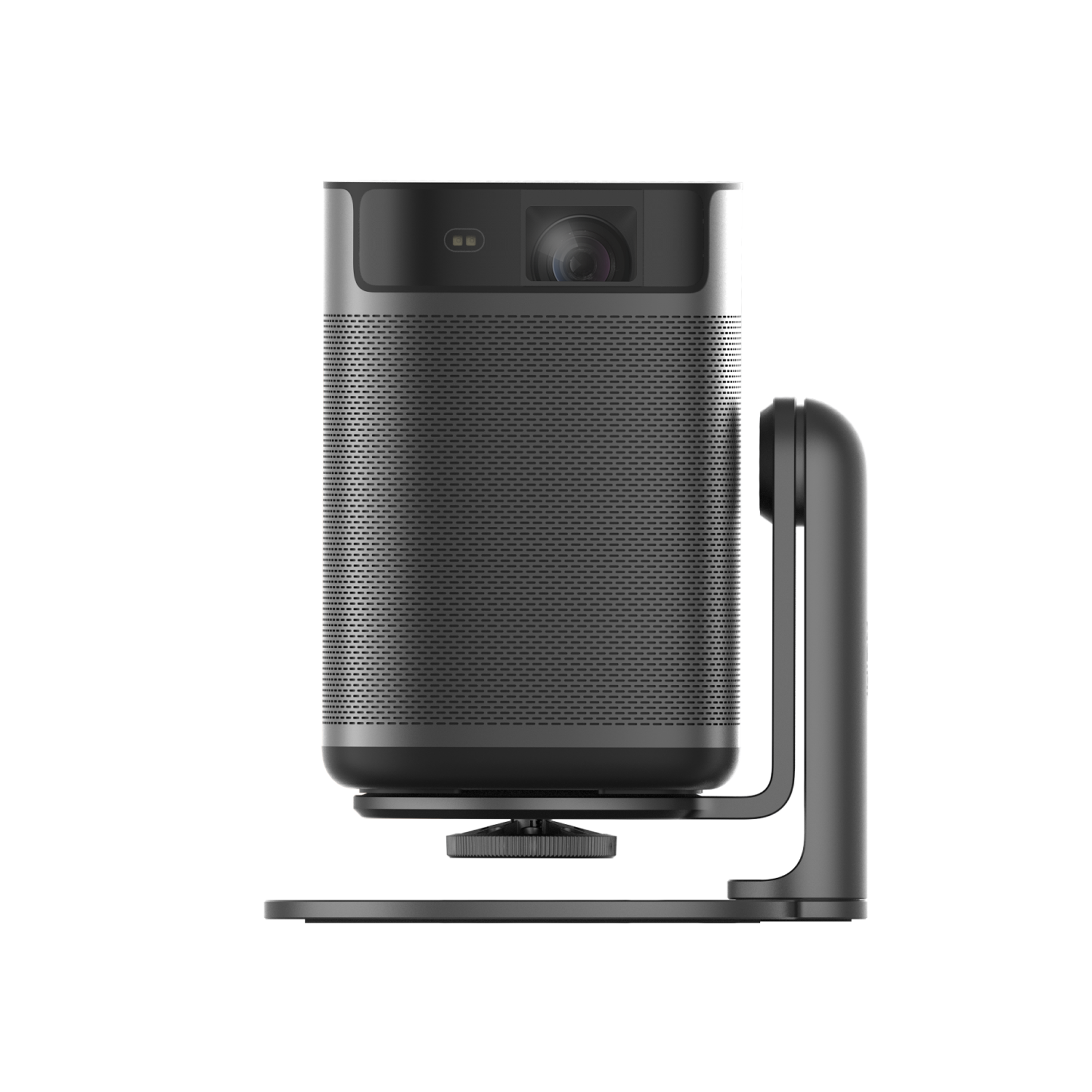 Dark gray MoGo 2 Pro portable projector with silver top, lens, sensors, and adjustable black stand.