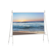 XGIMI 70-inch portable outdoor screen with aluminum A-frame, displaying beach sunset for optimal viewing.