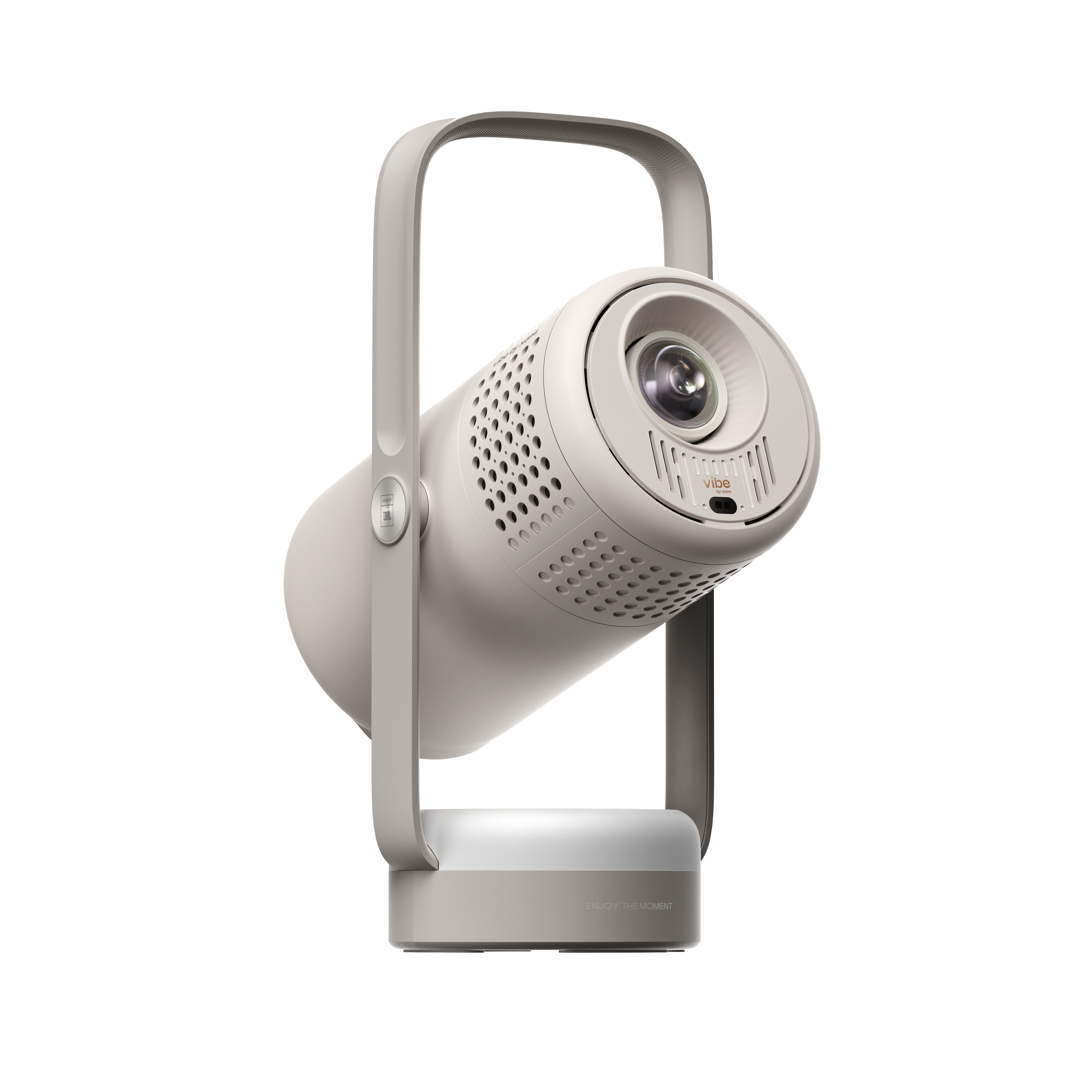 Vibe One battery powered portable projector in light beige, showing front lens and handle.