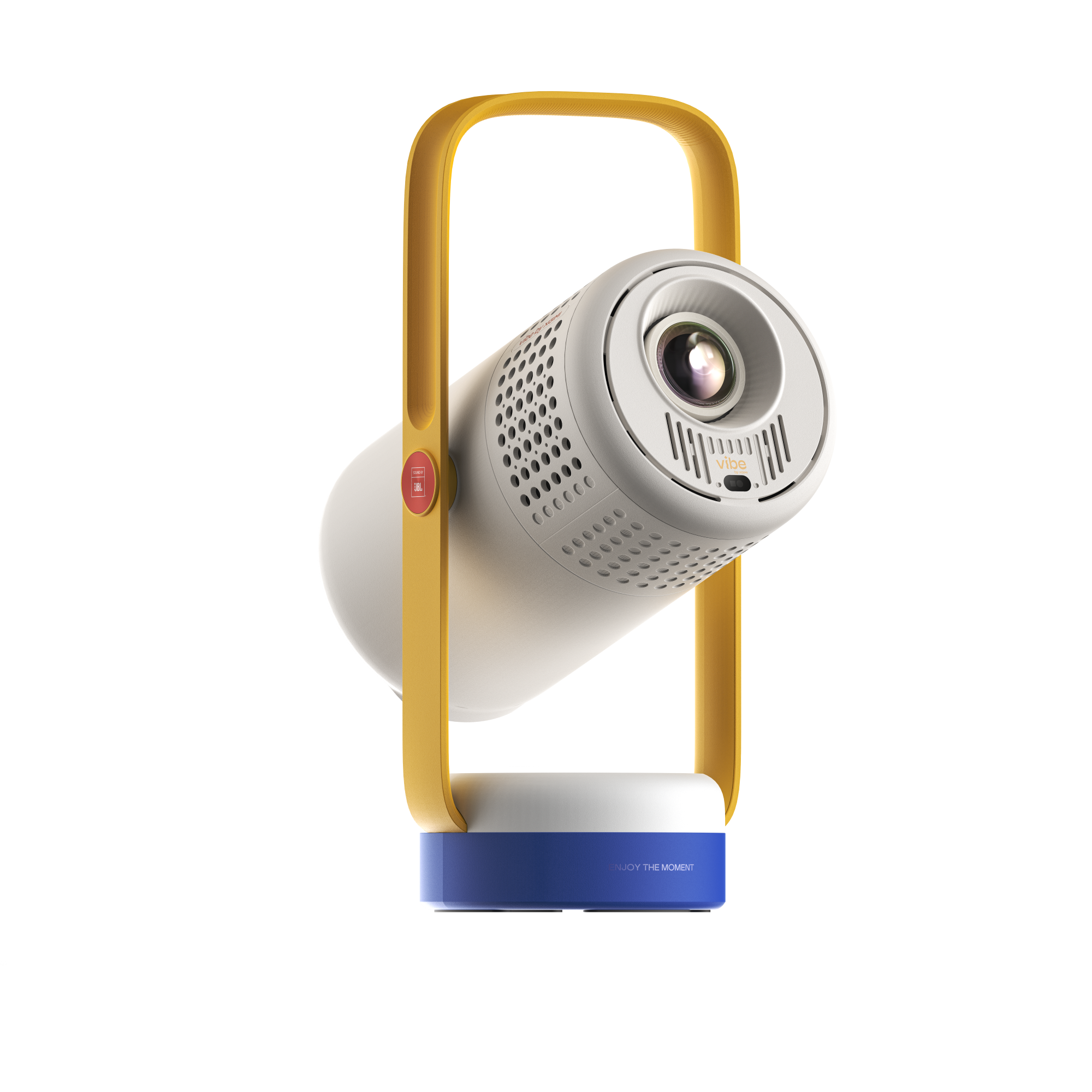 Vibe One battery powered portable projector, retro blue and yellow with yellow handle, white body, and blue base.