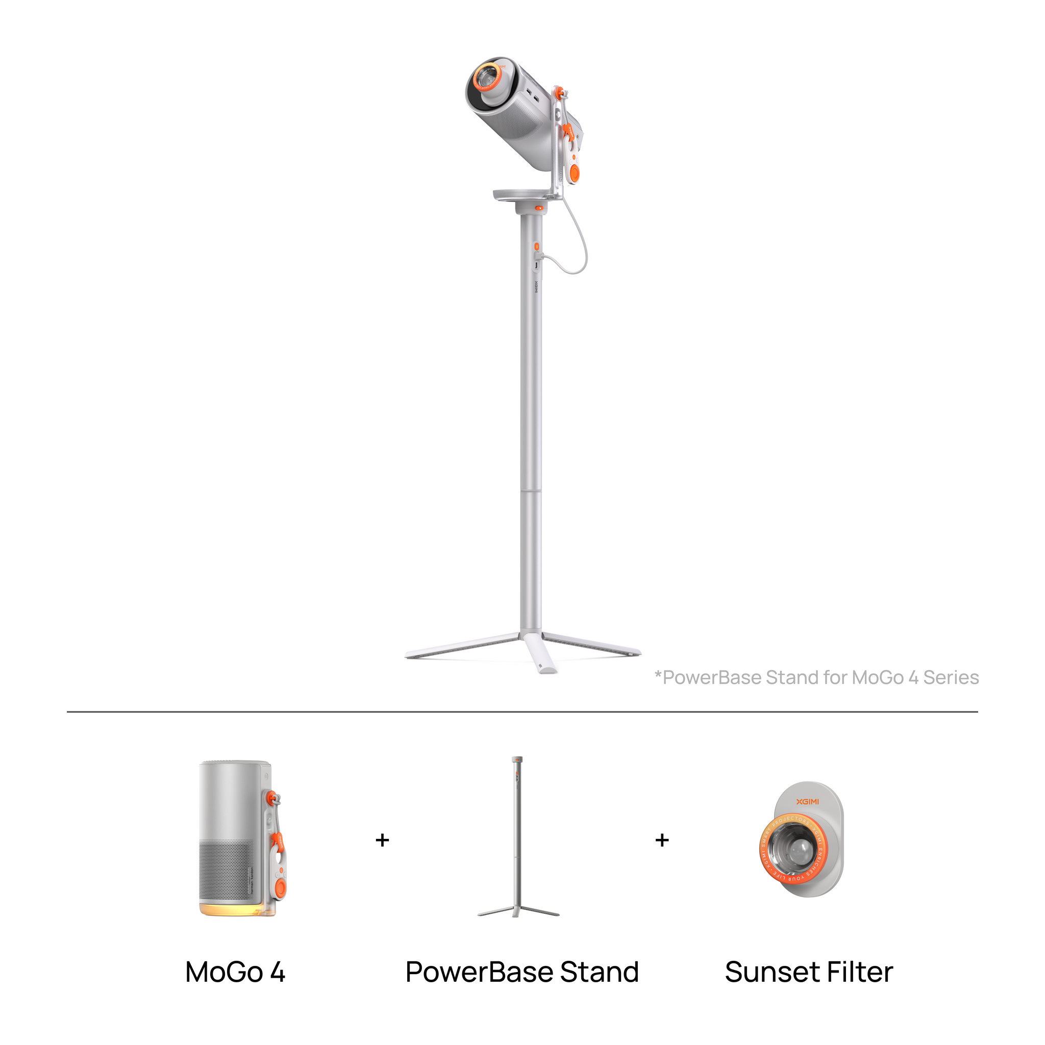 XGIMI MoGo 4 + PowerBase Stand Set: A compact 1080p smart projector with a floor stand featuring a built-in battery for extended playback time.