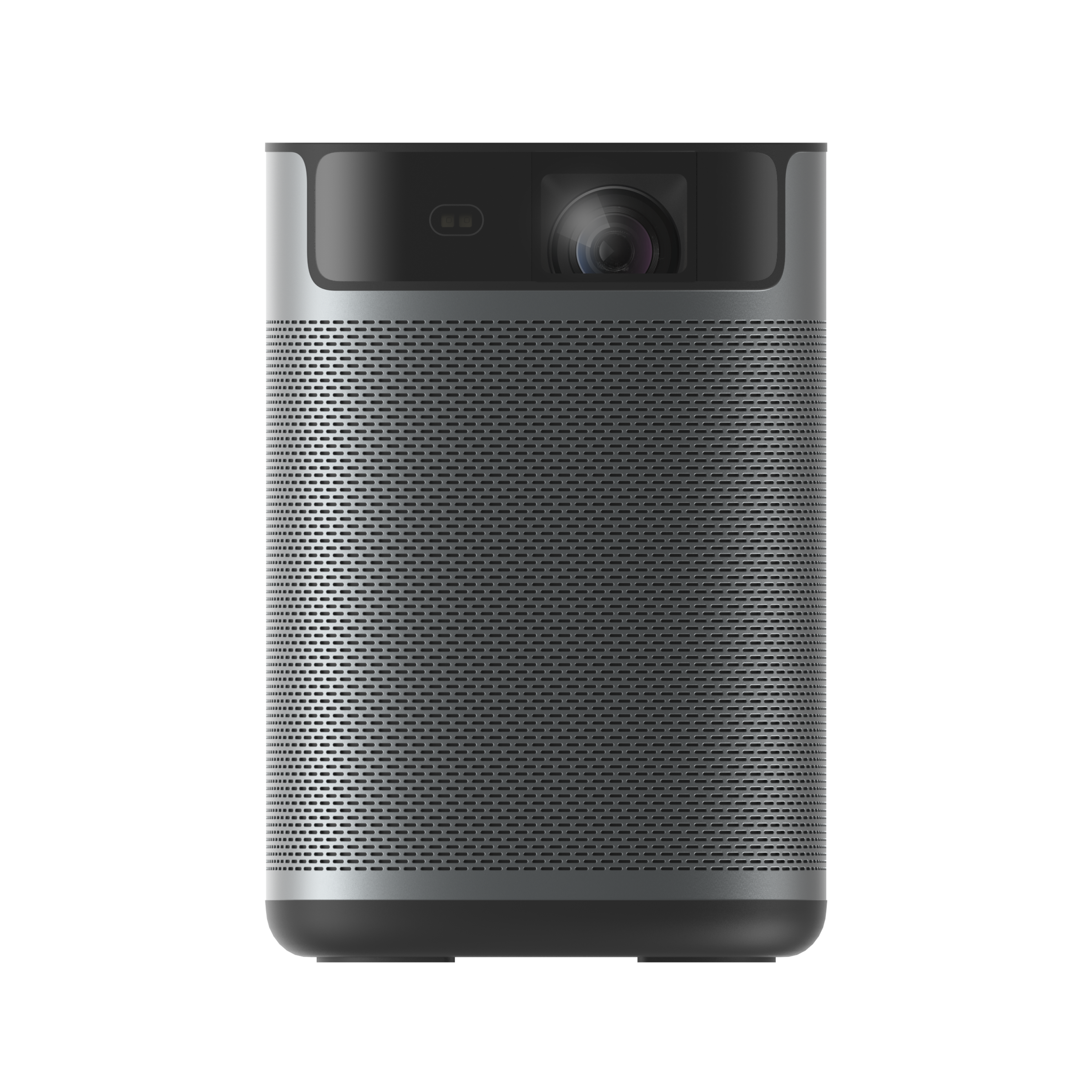 MoGo 2 Pro portable projector in dark gray with silver accents, featuring a front lens and sensors on a black base.