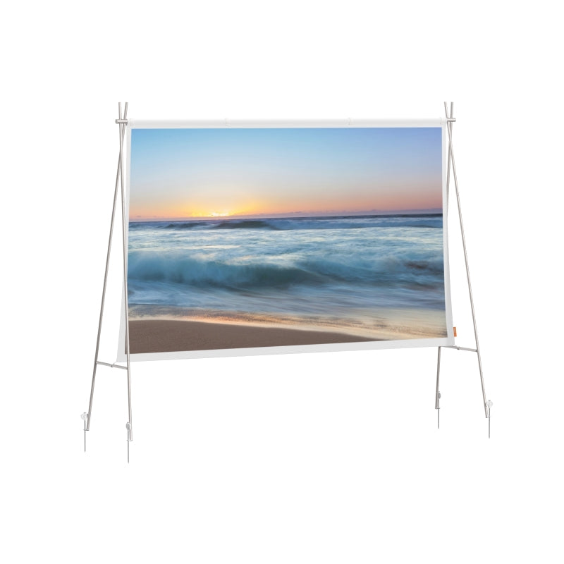XGIMI 70-inch portable outdoor screen with aluminum A-frame, displaying beach sunset for optimal viewing.