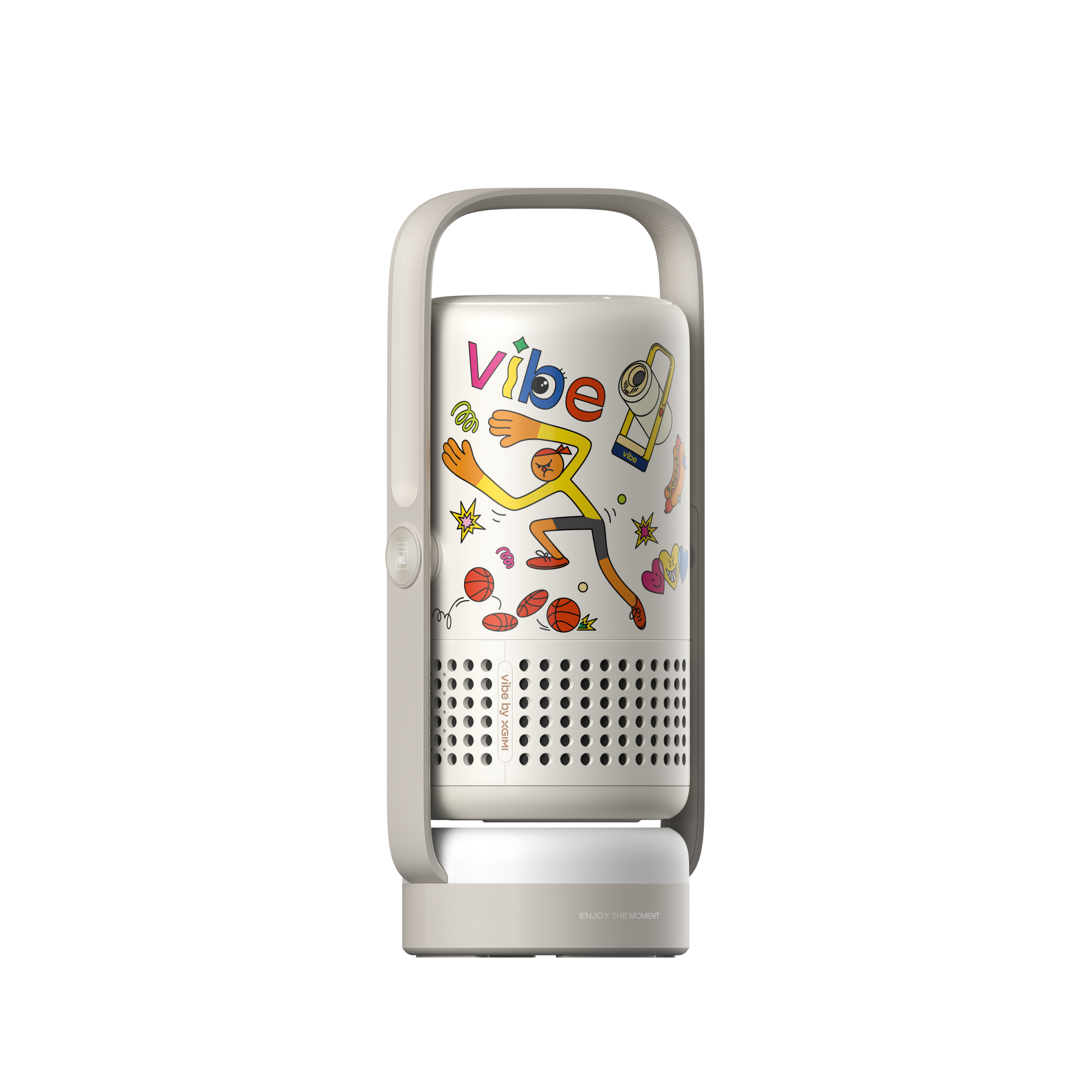 Light beige Vibe One portable projector with colorful custom graphics, handle, and textured speaker grille.